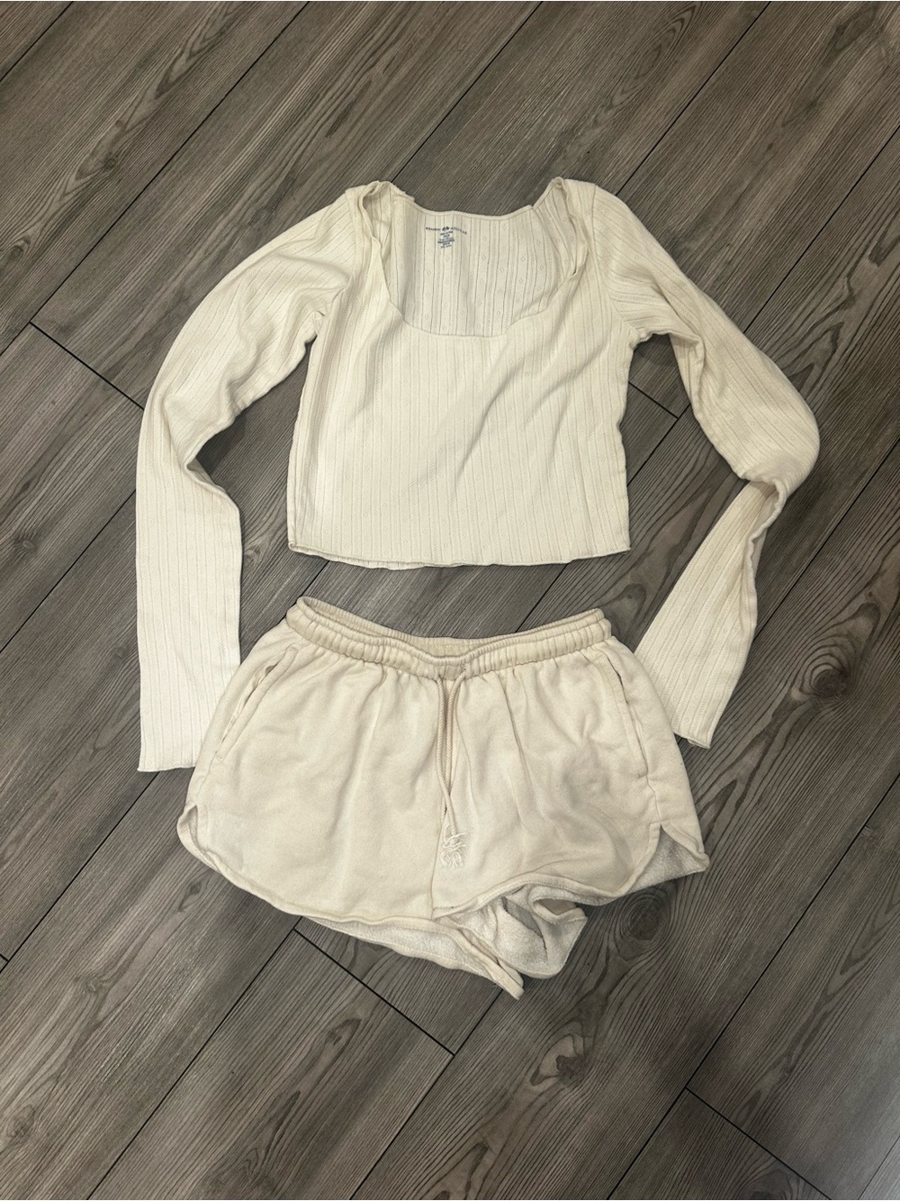 Brandy Melville Cream Ribbed Long-Sleeve Crop Top & Lounge Shorts Set